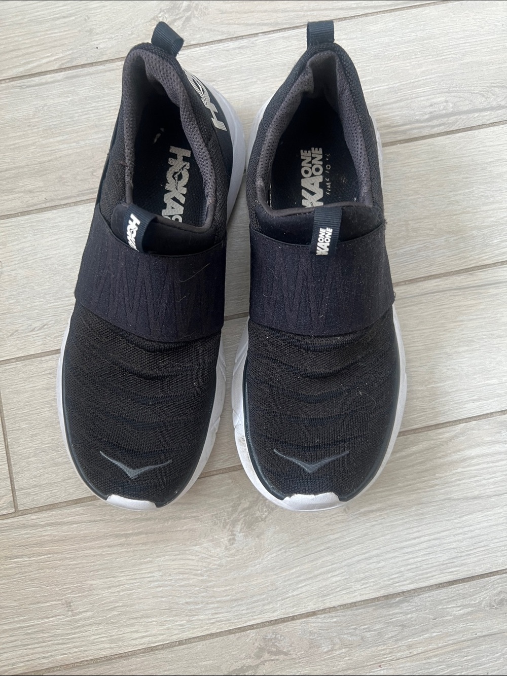 Hoka One One Black Slip-On Mesh Sneakers with White Sole